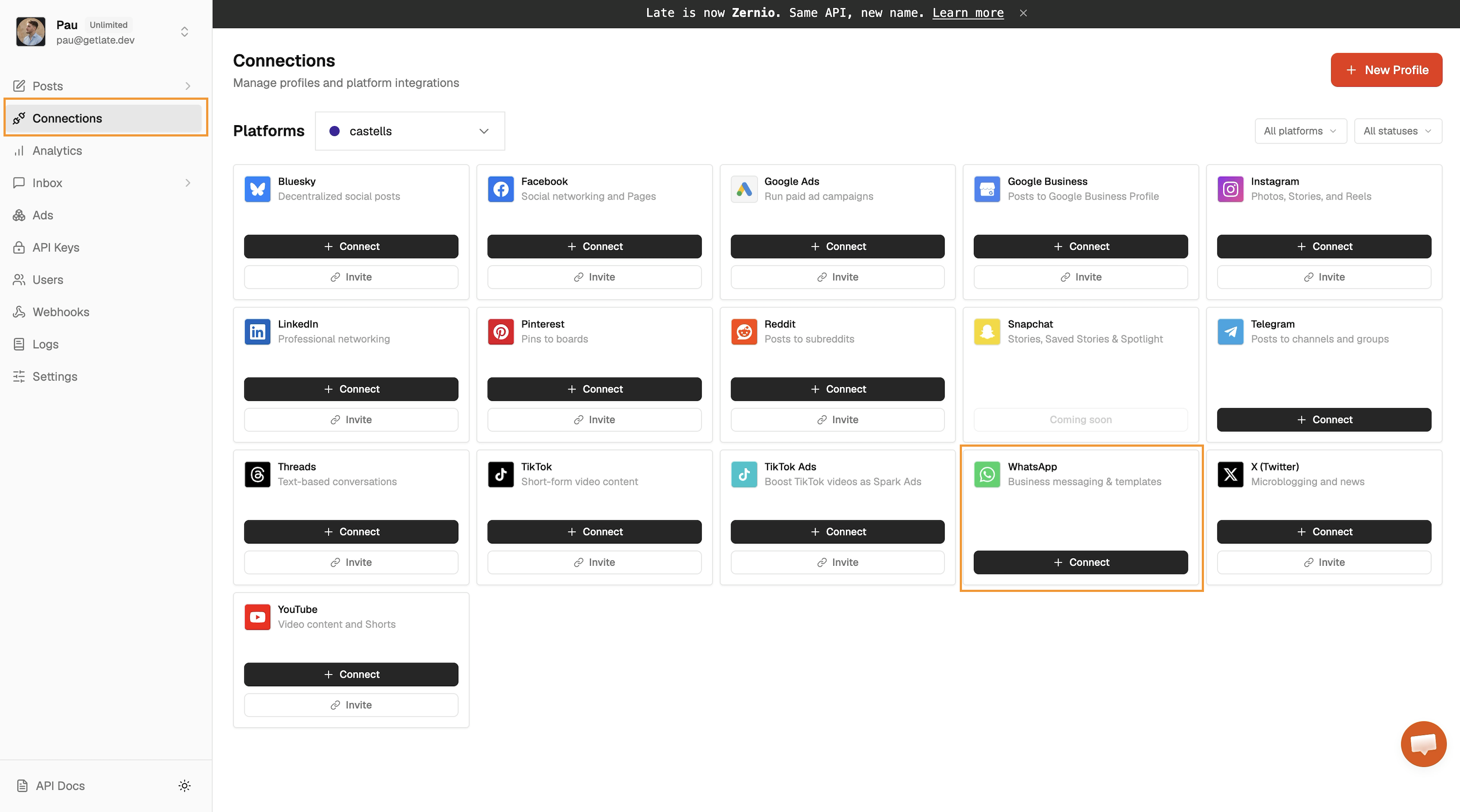 Go to Connections and click Connect on WhatsApp