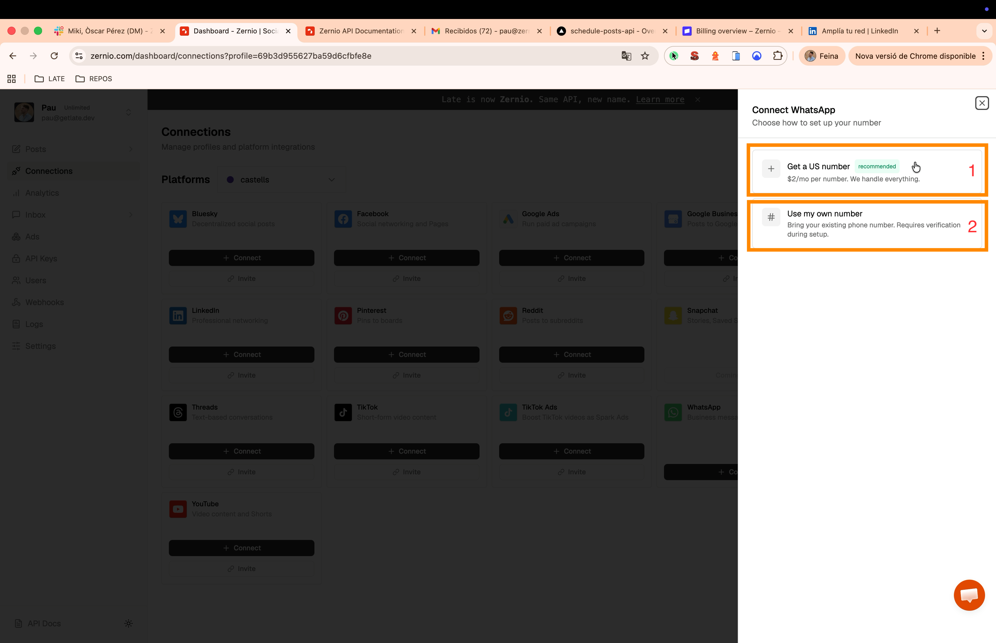 Choose between getting a US number or using your own